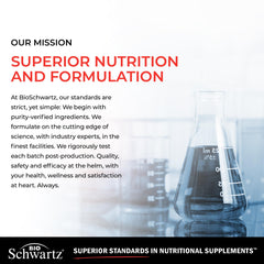 BioSchwartz mission image with lab beaker and text about nutrition and turmeric curcumin with bioperine capsules