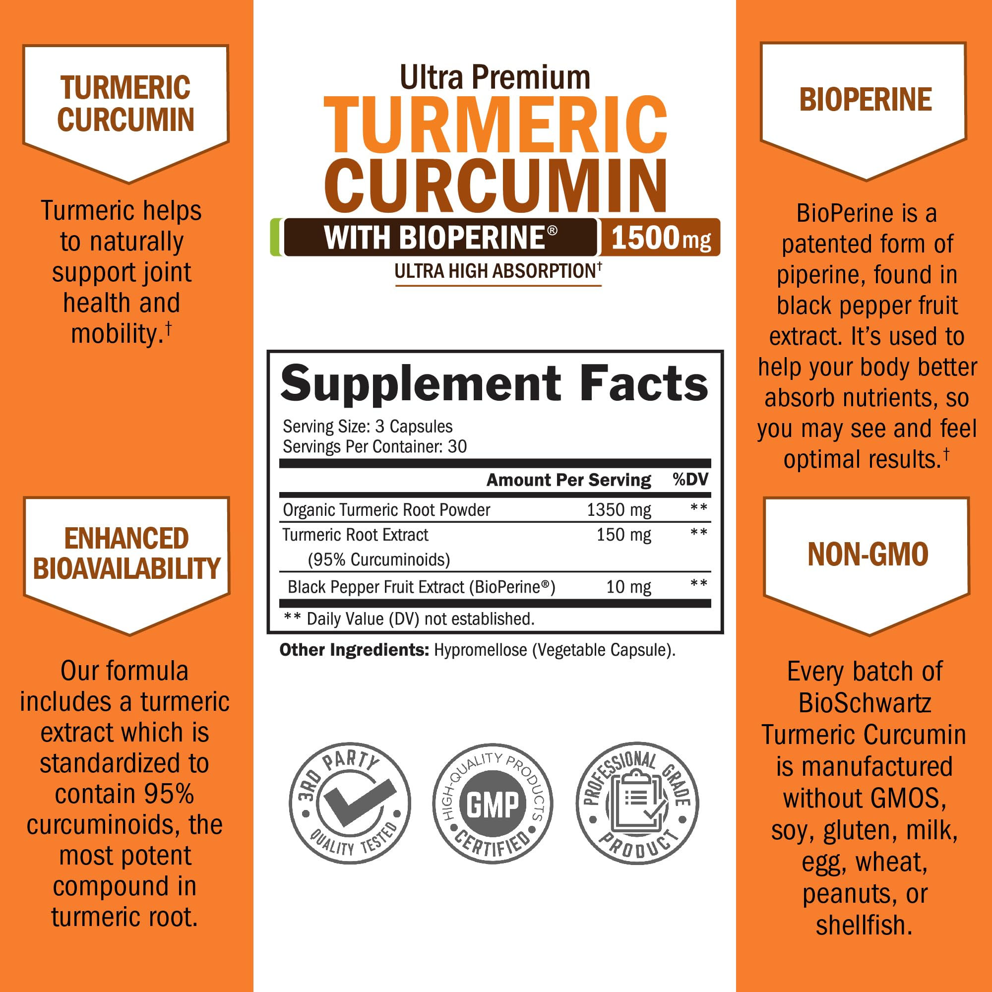 BioSchwartz supplement label showing turmeric curcumin with bioperine capsules 1500 mg supplement facts