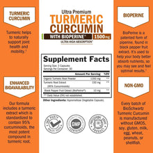 Supplement Facts and BioPerine panel for turmeric curcumin, 1500 mg per serving