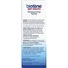 Dry mouth moisturizing spray box back panel with usage, warnings, and ingredients text