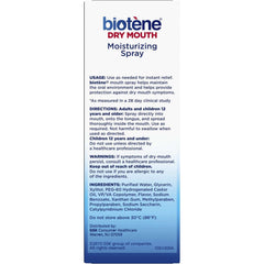 biotene Dry Mouth moisturizing mouth spray for dry mouth box showing product name directions and ingredients