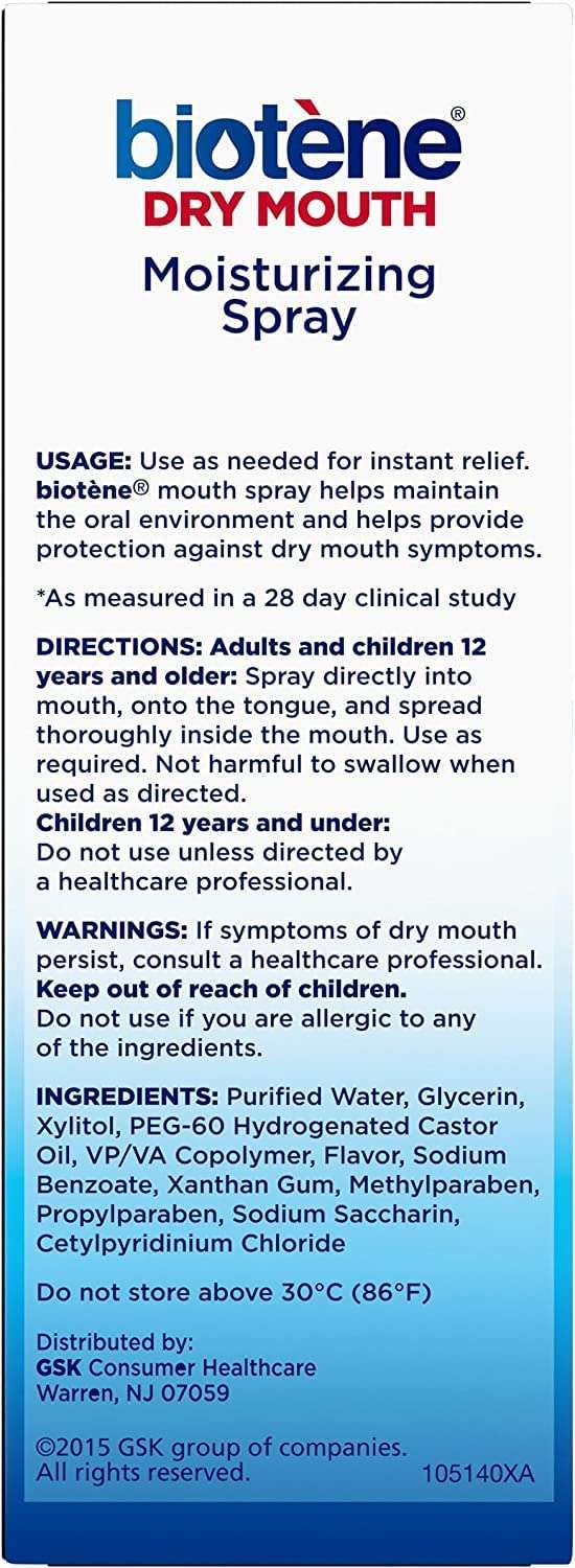 biotene Dry Mouth moisturizing mouth spray for dry mouth product label showing usage directions and ingredients