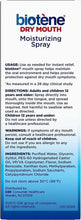 Dry mouth moisturizing spray box back panel showing usage, warnings, and ingredient list