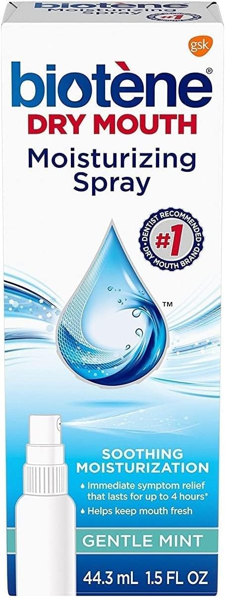 biotene Dry Mouth moisturizing mouth spray for dry mouth Gentle Mint 44.3 mL box with spray bottle