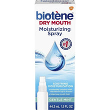 Dry mouth moisturizing spray carton with water droplet graphic and gentle mint label