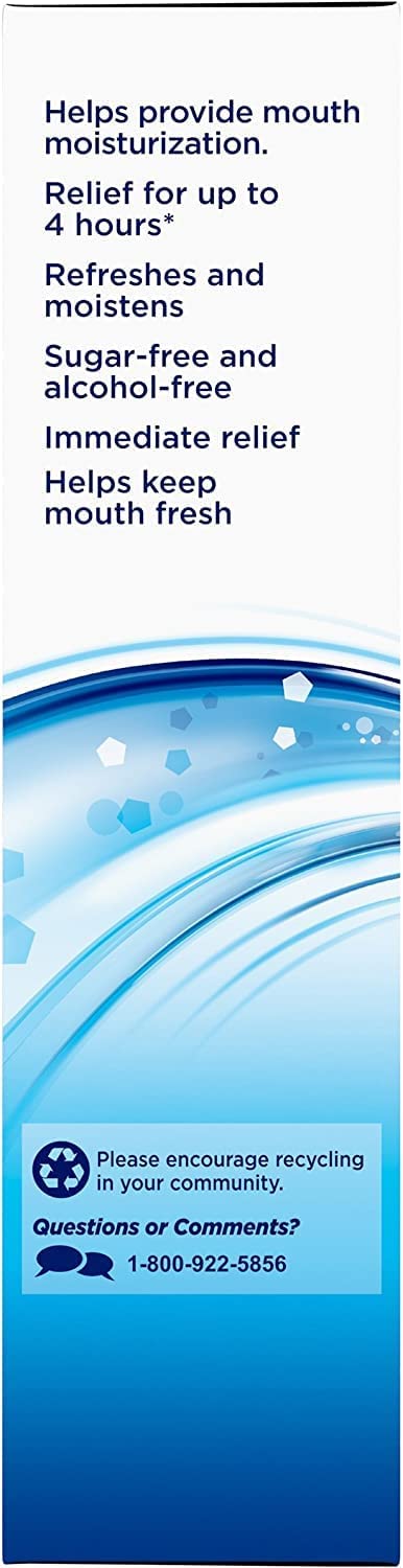 Biotene moisturizing mouth spray for dry mouth side panel with blue wave graphic and product claims