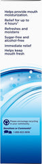 Biotene moisturizing mouth spray for dry mouth side panel with blue wave graphic and product claims
