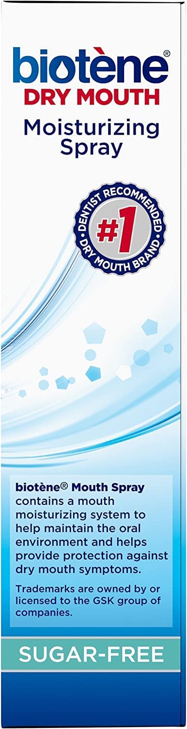 biotene moisturizing mouth spray for dry mouth sugar free white and blue box with number one dentist seal