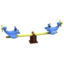 Blue bird-shaped seesaw playground balance beam with yellow handles and central stand