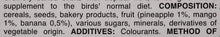 Bird treat sticks ingredient list close-up with cereals, fruits and additives