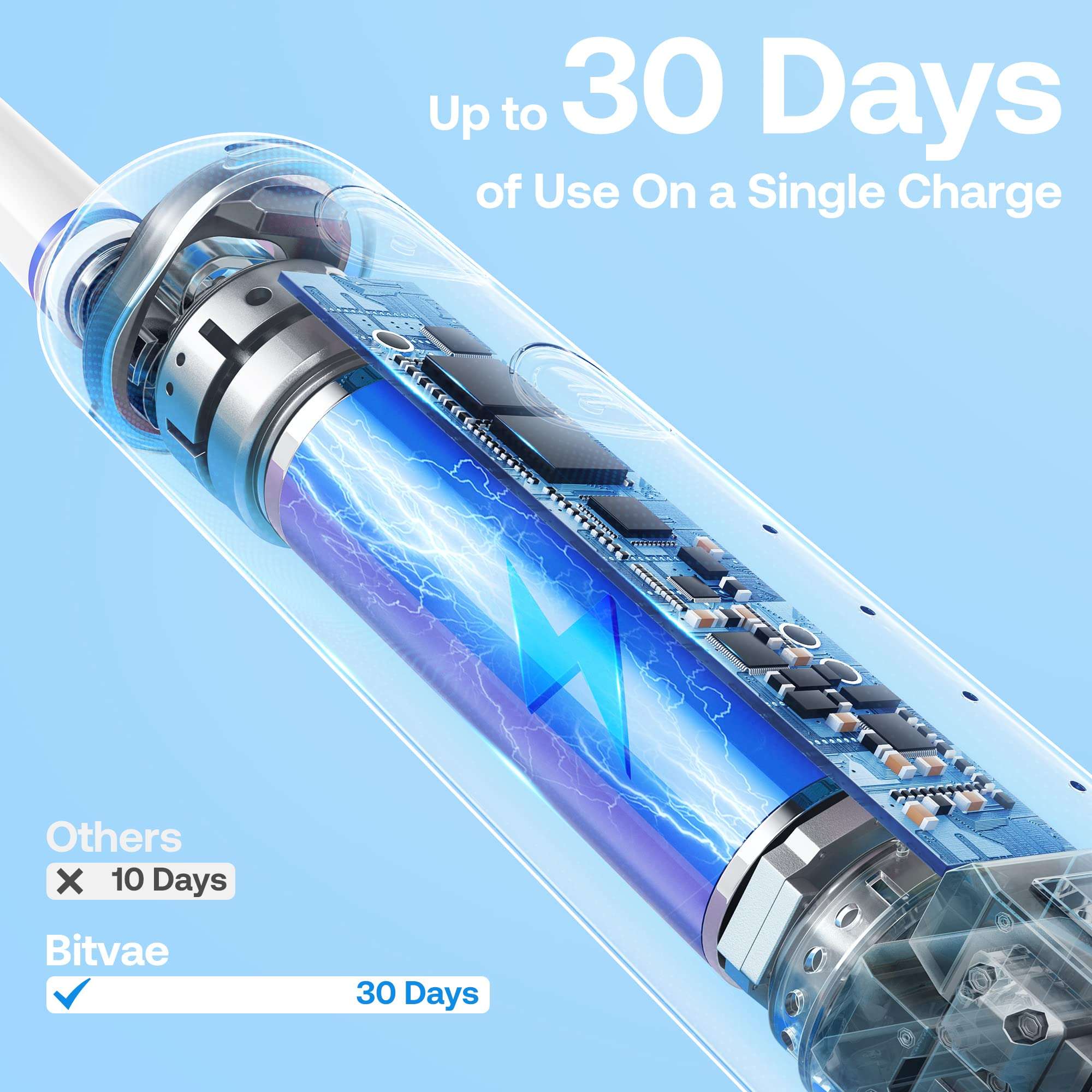 Bitvae electric toothbrush for adults with visible internal motor and battery showing up to 30 days battery life