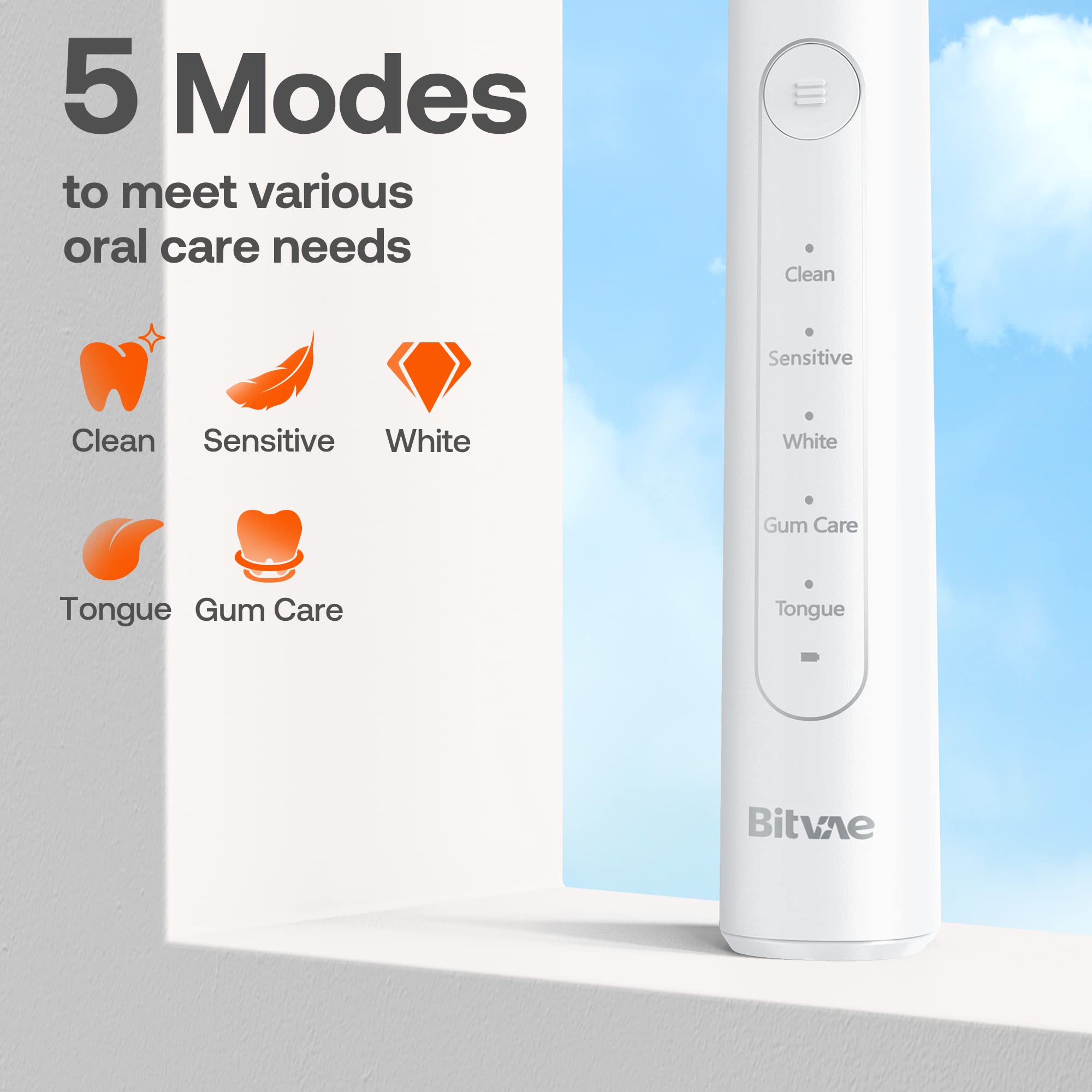 Bitvae white electric toothbrush for adults showing handle with five modes Clean Sensitive White Gum Care Tongue
