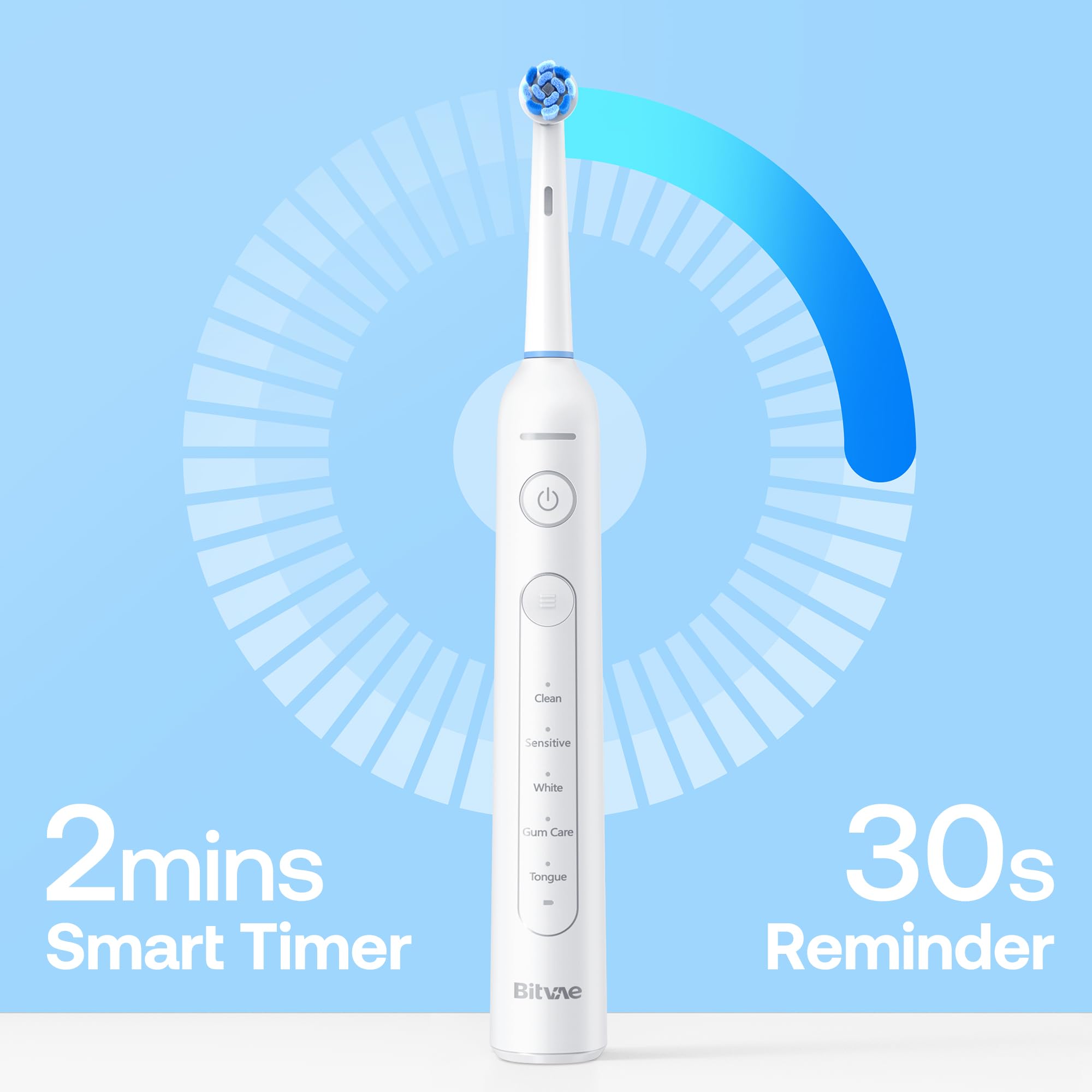 Bitvae electric toothbrush for adults white with round brush head smart 2 minute timer 30s reminder