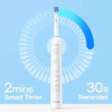 White rotating electric toothbrush with round control buttons on handle