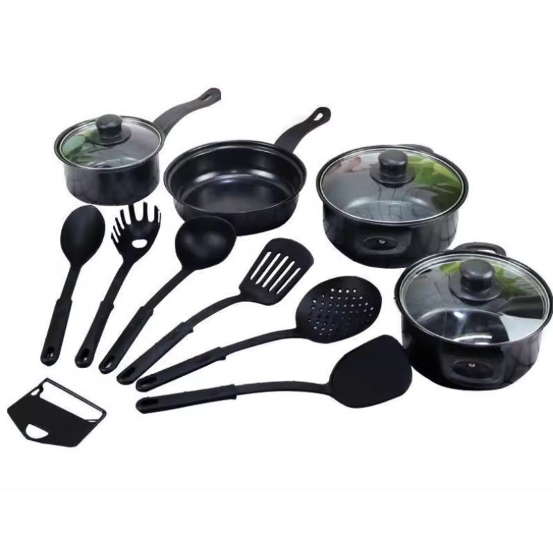 Huitich 13 piece kitchen utensils and cookware set with pots, pans, and black cooking tools