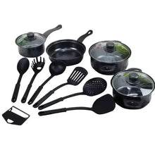 Black nonstick cookware and utensils set, including pots, pans, ladle, and slotted spoon