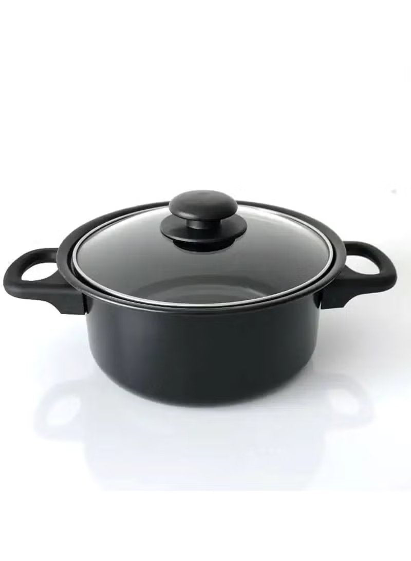 Black cooking pot with glass lid and side handles from Huitich 13 piece kitchen utensils and cookware set