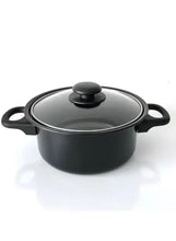 Black covered saucepan with handles and glass lid