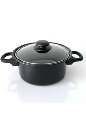 Black cooking pot with glass lid and side handles from Huitich 13 piece kitchen utensils and cookware set