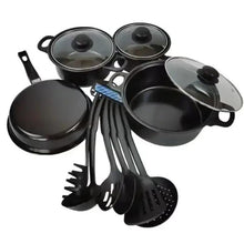 Black cookware set with matching lids, skillet, saucepans, and assorted kitchen tools