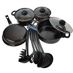 Huitich 13 piece kitchen utensils and cookware set with black pots, pans, lids, and cooking tools