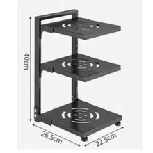 3-shelf pot rack organizer showing height and shelf base dimensions in inches