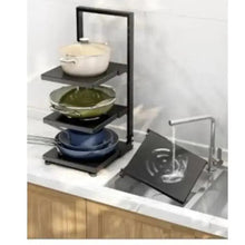3-shelf pot rack organizer with black shelves holding pans and a black lid