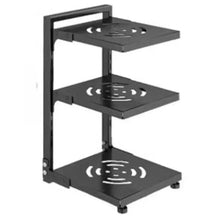 3-shelf adjustable pot rack organizer with black metal frame and side supports