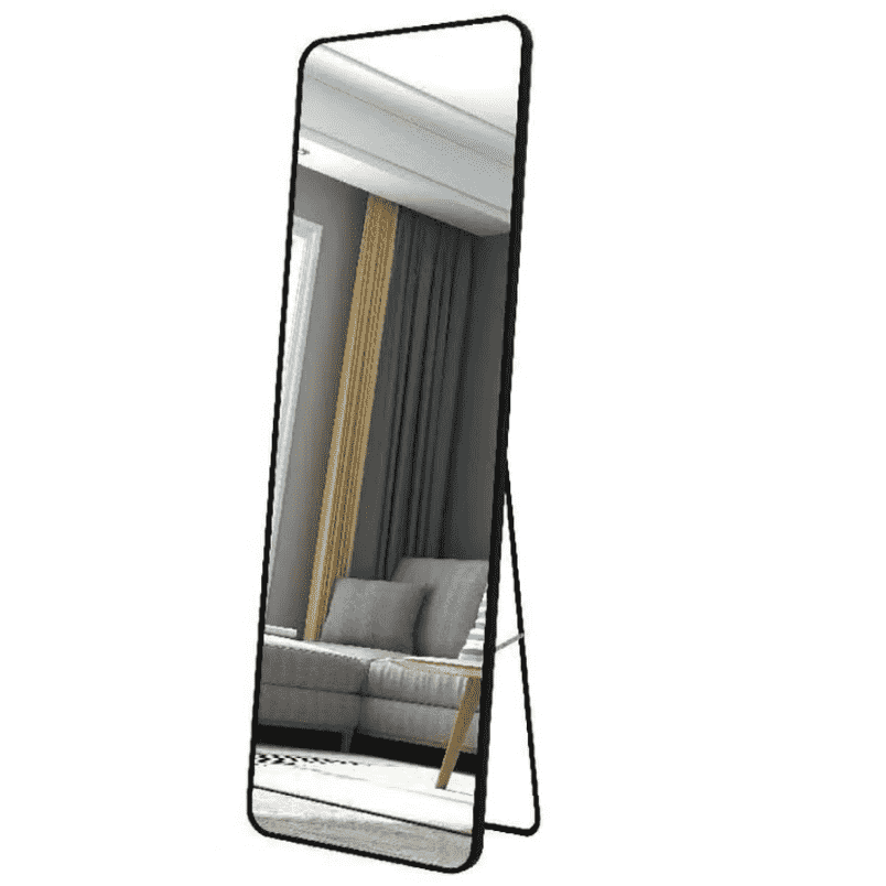 Huitich black aluminum floor mirror with sleek rectangular design and stand for home decor
