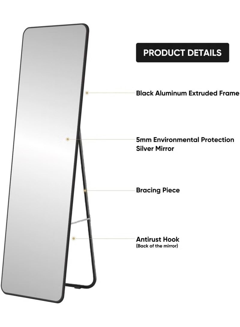 Huitich black aluminum floor mirror with extruded frame, silver mirror, bracing piece, and antitrust hook