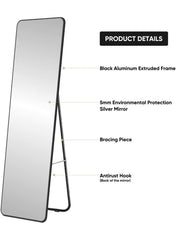 Huitich black aluminum floor mirror with extruded frame, silver mirror, bracing piece, and antitrust hook
