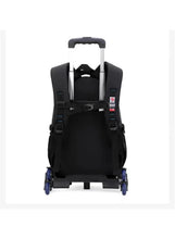 Kids 6-wheel school backpack back view, black with blue wheels and adjustable straps
