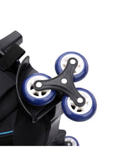 Close-up of black and blue 6-wheel school bag wheel mechanism for easy rolling and durability