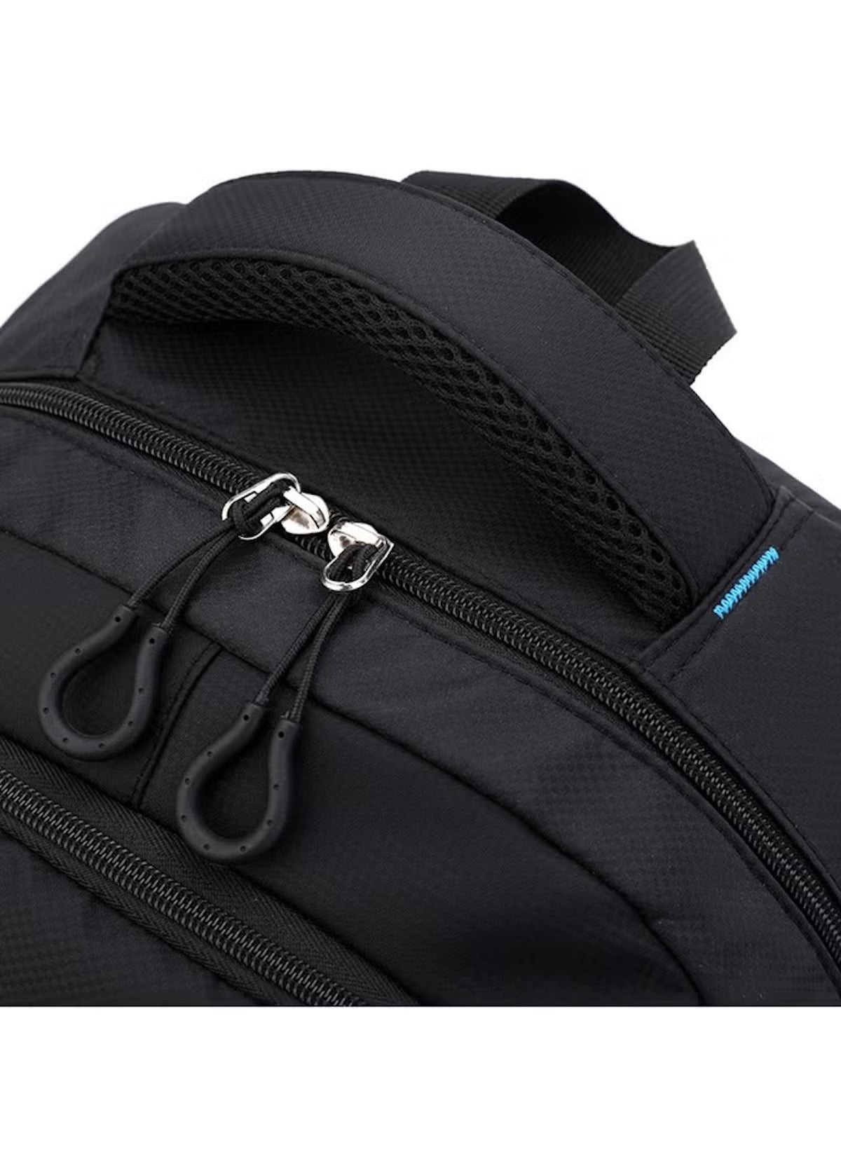 Close-up of black and blue 6-wheel school bag by Huitich showing zipper and handle details