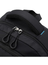 Black school backpack zipper, top handle strap, and blue accent stitching