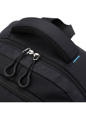Close-up of black and blue 6-wheel school bag by Huitich showing zipper and handle details