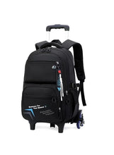 Kids 6-wheel school backpack, black with blue accents, front zip pockets and handle