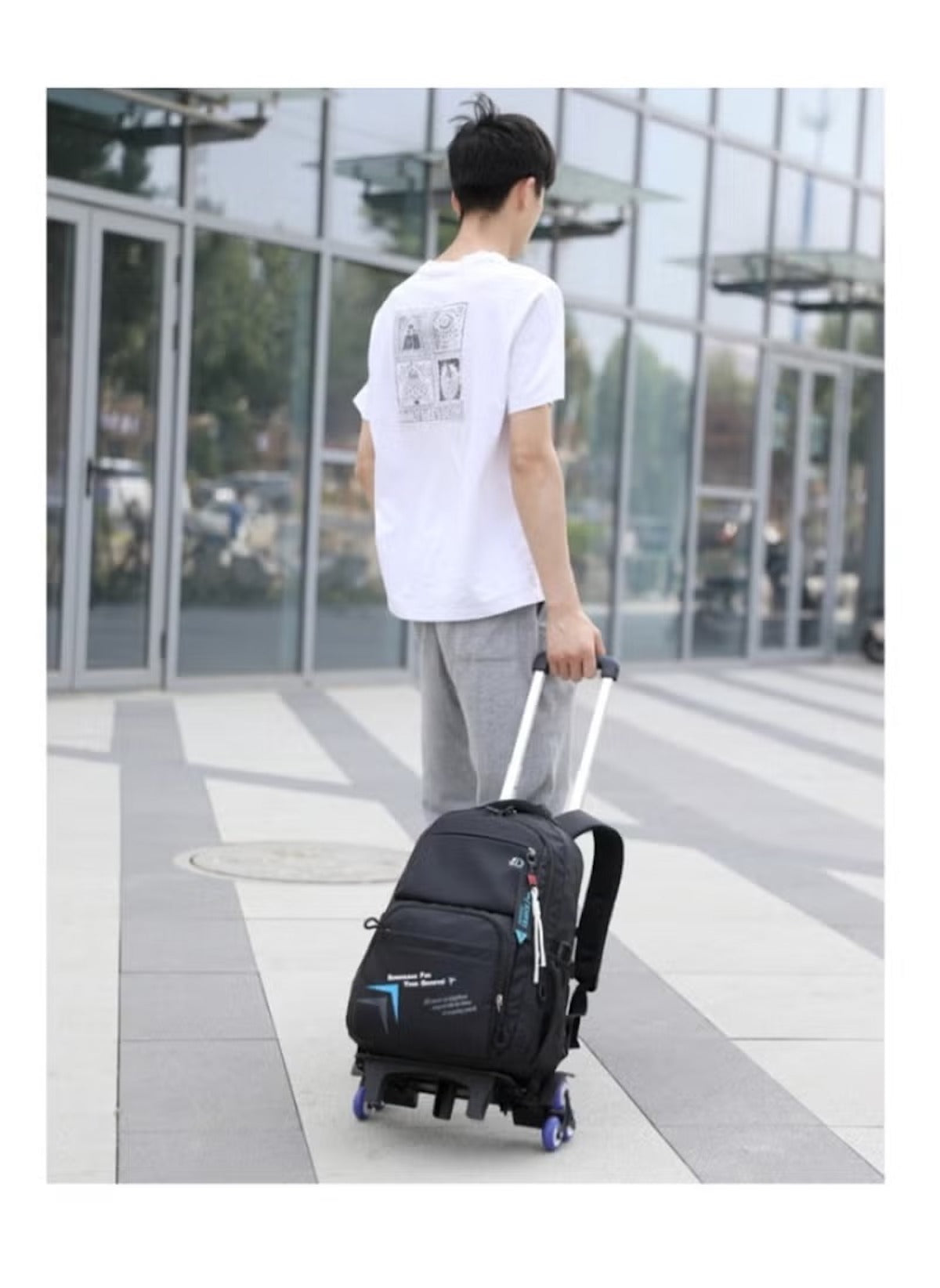 Huitich black and blue 6-wheel school bag kids backpack with extendable handle carried by boy