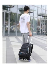 Huitich black and blue 6-wheel school bag kids backpack with extendable handle carried by boy