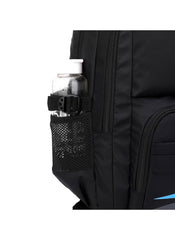 Close-up of black and blue 6-wheel school bag side mesh pocket holding a water bottle