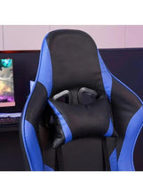 Ergonomic office gaming chair with black and blue padded backrest and seat