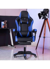 Ergonomic gaming office chair with blue side panels, black seat, and rolling caster base