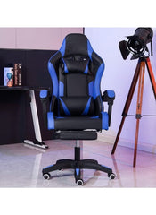 black and blue office gaming chair with ergonomic design and adjustable armrests