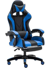 Ergonomic gaming office chair with black and blue upholstery, headrest, and caster base