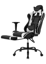 Ergonomic gaming office chair with black upholstery, white accents, and caster base