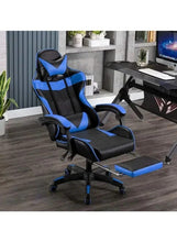 Ergonomic gaming office chair in black with blue accents, adjustable recline, and foot support