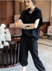 Huitich black and grey lounge set UAE for women featuring casual short-sleeve hoodie and comfortable pants