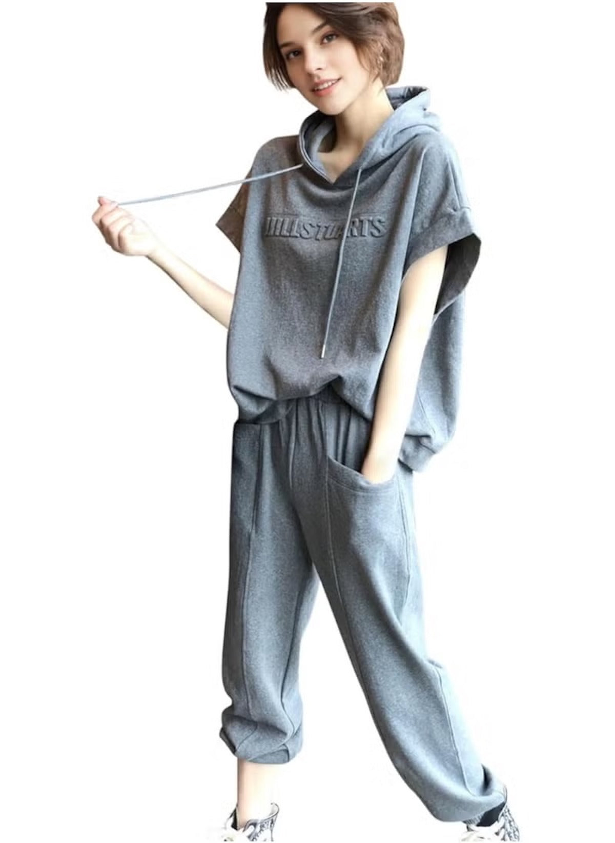 Huitich women's black and grey lounge set UAE with hooded short sleeve top and relaxed pants