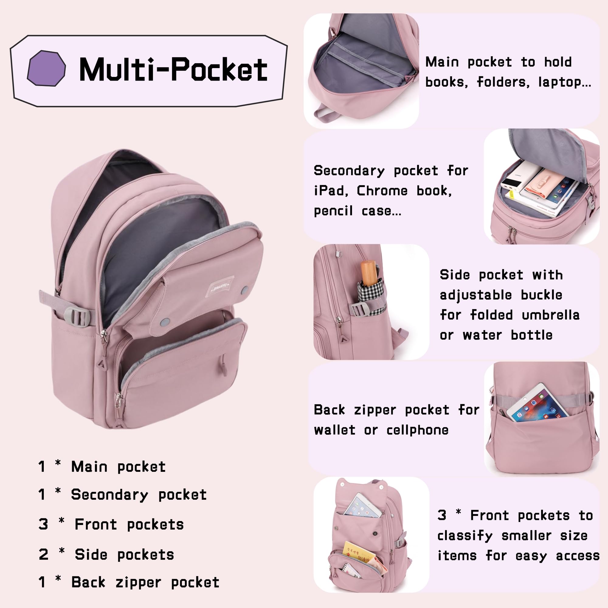 Huitich multi-pocket black backpack for girls with various compartments for organization and storage