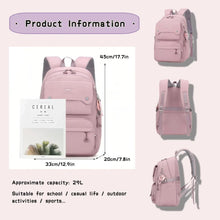 Kids pink backpack with adjustable straps, front compartments, and water-resistant nylon fabric